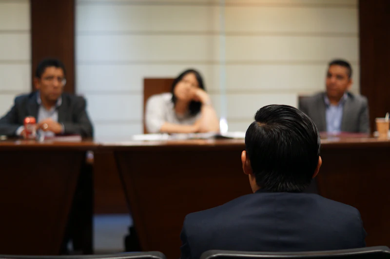 A candidate facing a three-person interview panel